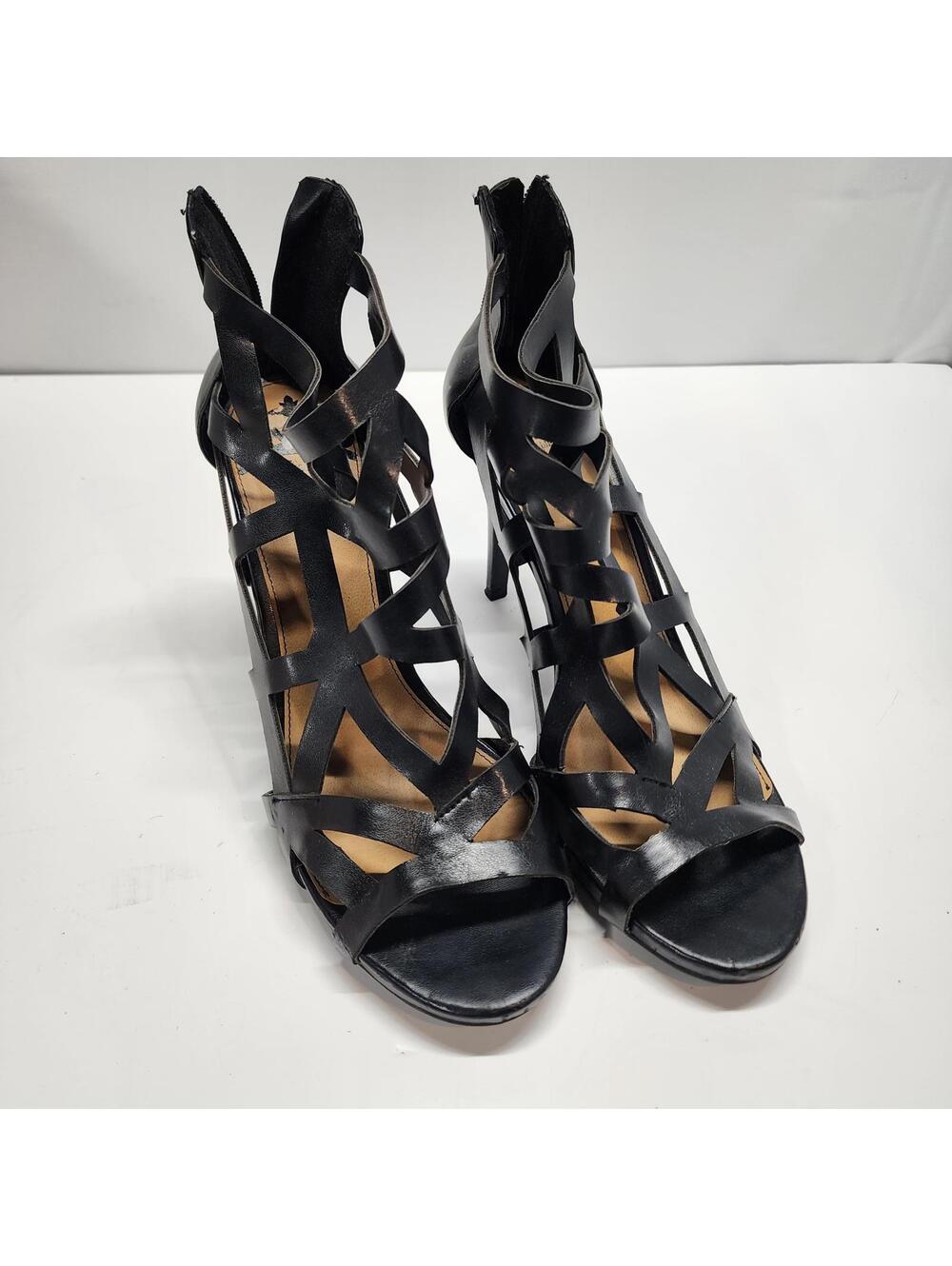 LKNW FERGALICIOUS Fergie Stillettos 10 Black Open Toe Zip Back Nylon Cutouts